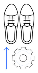 Pair of dress shoes above a gear and upward arrow, symbolizing growth, productivity, career advancement, and innovation. Ideal for business, career, goals, development productivity success simple