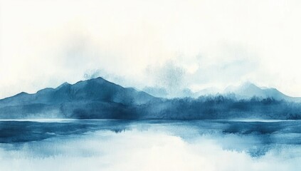 Misty mountain range reflected in a still lake, painted in shades of blue