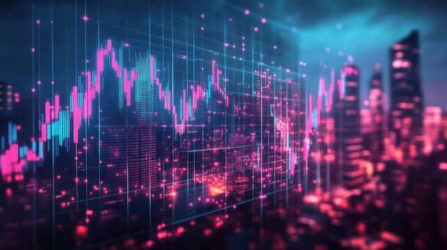 Futuristic digital stock market graph overlaying a cityscape at night with neon pink and blue glowing lights