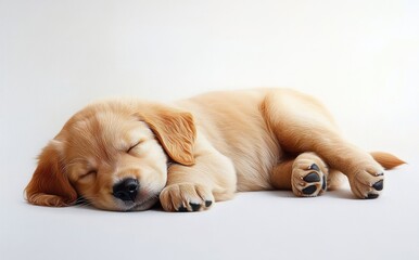 adorable golden retriever puppy peacefully sleeping on a white surface with closed eyes and relaxed posture