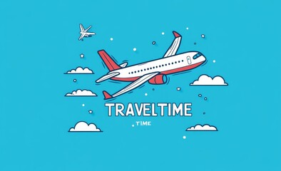 Flat vector logo of airplane flying in the sky with “TRAVEL TIME” text in white and blue colors.