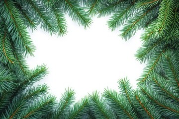 frame made of fresh green fir branches surrounding empty white space with natural vibrant textures