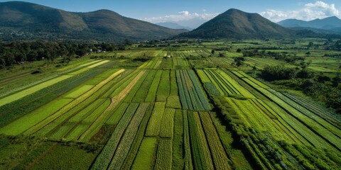 Fototapeta premium Coltivazione a Terrazze, Vista Aerea di Campi Verdi Ondulati