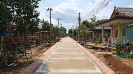 New pathway development in a residential neighborhood community road construction urban setting daylight wide angle view
