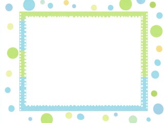 blank frame with pastel green and blue colors, decorated with cute abstract shapes, dots, stripes, and geometric patterns