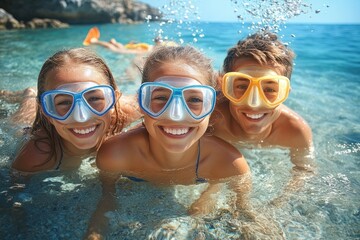Three happy young adults wearing snorkeling masks and smiling in clear shallow water near rocky shoreline under bright sunlight