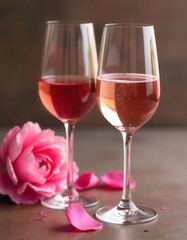 trending close up shot of rose wine glasses with peony flowers ideal for best selling stock photo and luxury wine photography.