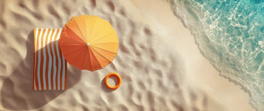 Top view of a sandy beach with a striped towel, orange beach umbrella, and an orange float near clear blue water under bright sunlight - Powered by Adobe