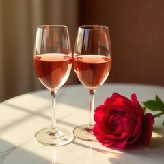 trending close up shot of rose wine glasses with peony flowers ideal for best selling stock photo and luxury wine photography.