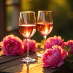 trending close up shot of rose wine glasses with peony flowers ideal for best selling stock photo and luxury wine photography.