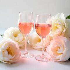 trending close up shot of rose wine glasses with peony flowers ideal for best selling stock photo and luxury wine photography.