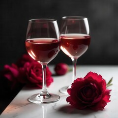 trending close up shot of rose wine glasses with peony flowers ideal for best selling stock photo and luxury wine photography.