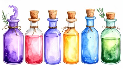 Colorful potion bottles with watercolor set.