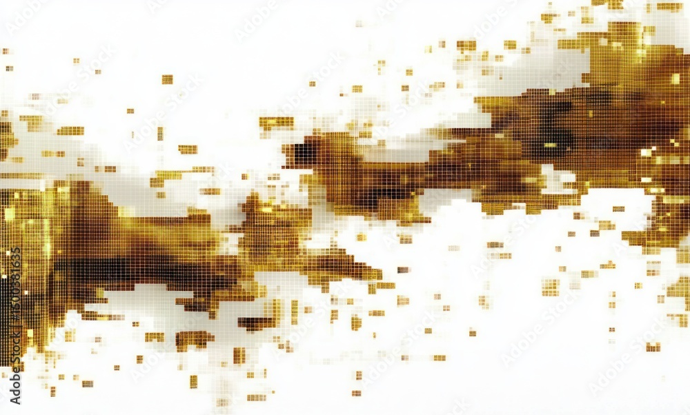 Poster abstract digital art with golden and brown pixelated squares scattered and blending on white backgro