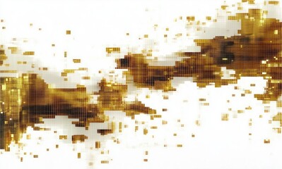 abstract digital art with golden and brown pixelated squares scattered and blending on white background, creating dynamic modern mosaic effect