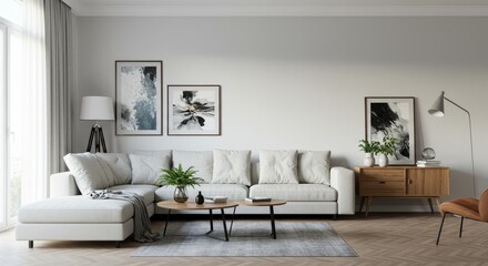 Photo of a Bright and Modern Living Room Interior with White Sofa Decor and Art
