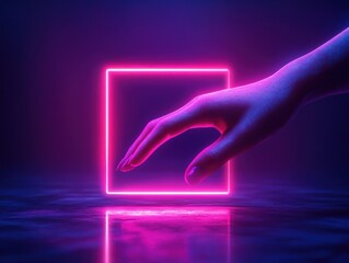 Obraz premium human hand gently reaching towards glowing neon pink square on reflective surface with dark moody background