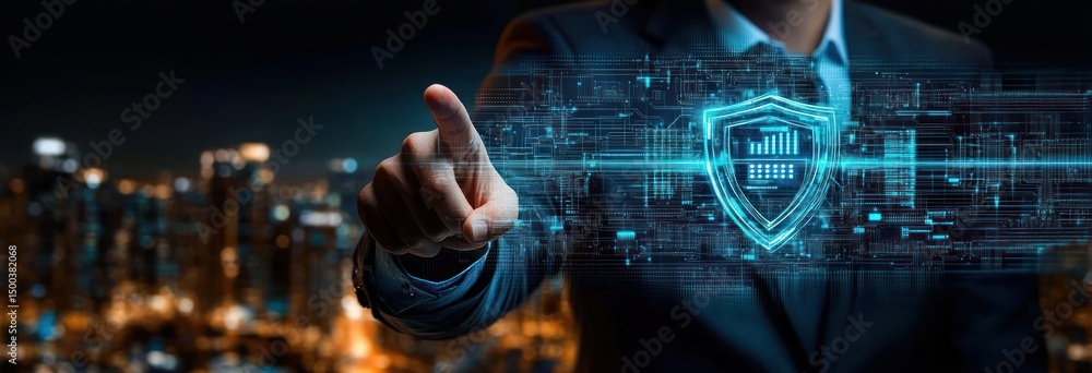 Poster businessman pointing at transparent digital shield icon with glowing cybersecurity graphs and city s