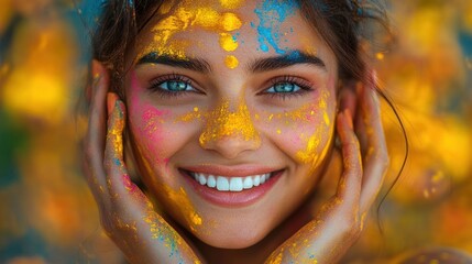 Close-up portrait of a joyful young woman smiling with vibrant blue eyes and colorful powder paint splattered on her face and hands