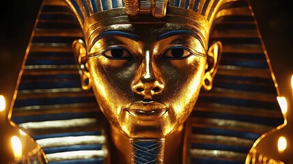 close up of a golden ancient egyptian pharaoh mask with blue and gold striped headdress reflecting warm light