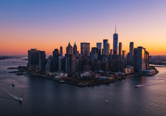 Obraz premium Photo of a City Skyline at Dusk with Orange and Blue Tones