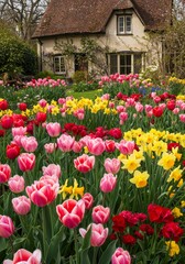 Fototapeta premium Photo Of A Colorful Garden With Tulips And A Cottage On A Sunny Day