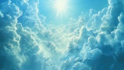 Fototapeta premium Bright sun piercing through fluffy clouds
