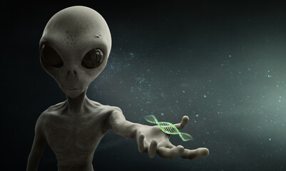 alien holding a dna strand