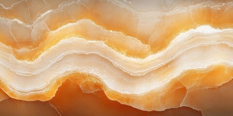 Close-up of layered translucent orange and white crystalline stone with intricate wavy patterns and textures