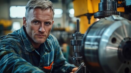 Focused male factory worker operating a large industrial machine in a workshop environment with intense concentration