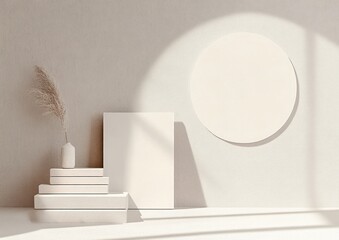Fototapeta premium Minimalist beige and white composition with stacked rectangular blocks, a small vase with dried pampas grass, a blank vertical canvas, and a large circular wall decoration with soft natural shadows