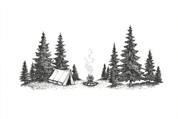 Fototapeta premium Black and white illustration of a camping scene featuring a tent, campfire, and tall pine trees, evoking a sense of adventure and tranquility in nature