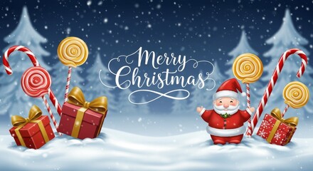 Merry Christmas Illustration Santa Presents and Candy Canes in Winter Scene