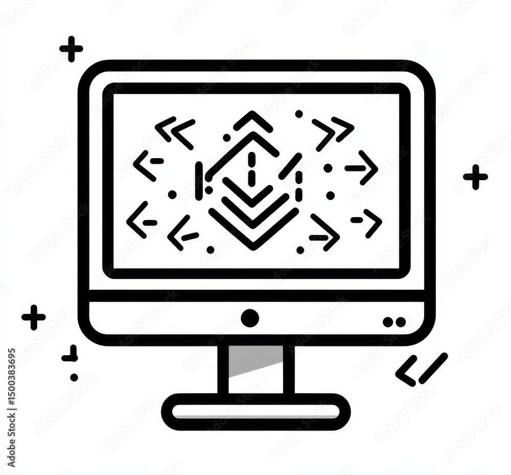 Poster vector icon of a computer with arrows symbolizing data transfer, simple shapes, in black and white