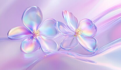 Two iridescent, translucent flowers on a smooth, pastel background
