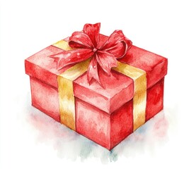 Fototapeta premium Watercolor gift box, red with gold ribbon (1)