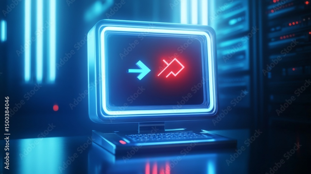 Poster vector icon of a computer with arrows symbolizing data transfer, simple shapes, in black and white