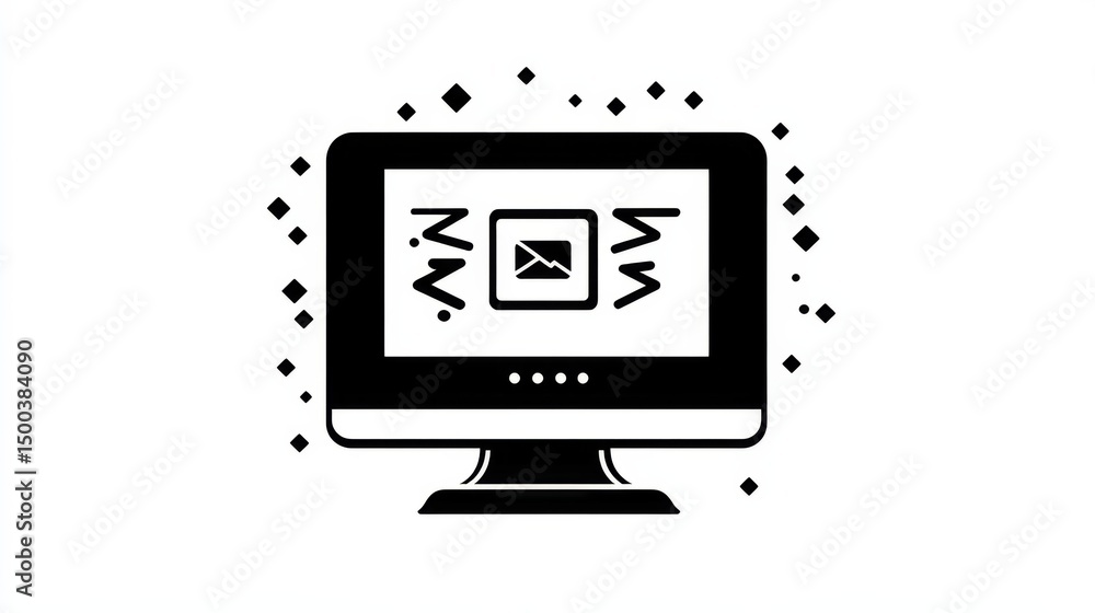 Poster vector icon of a computer with arrows symbolizing data transfer, simple shapes, in black and white