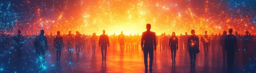 Fototapeta premium Silhouettes of people standing and walking amid glowing network connections with a bright, warm light in the background suggesting unity and digital connectivity