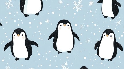 Obraz premium Cute penguin pattern on light blue background with snowflakes