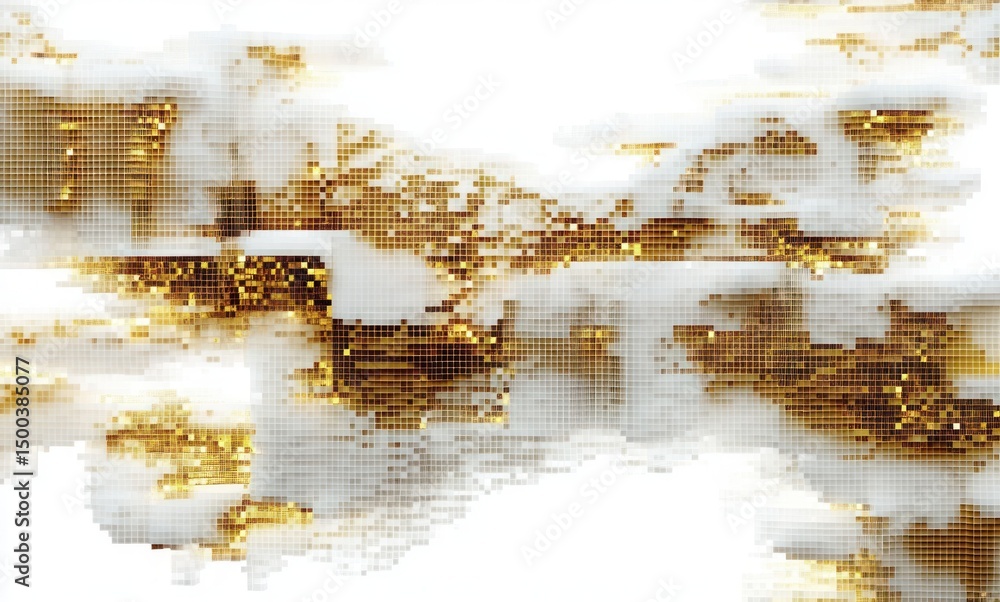 Poster abstract digital mosaic with golden and white pixelated blocks creating a textured, modern, and futu
