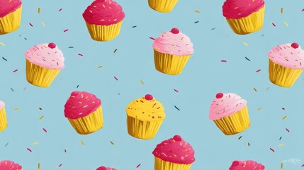 Colorful cupcake pattern on blue background with sprinkles