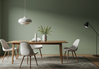 Modern Dining Room Illustration with Wooden Table White Chairs and Green Wall