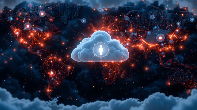 Cloud data centers across different continents, visually connected by digital links, emphasizing global network capabilities