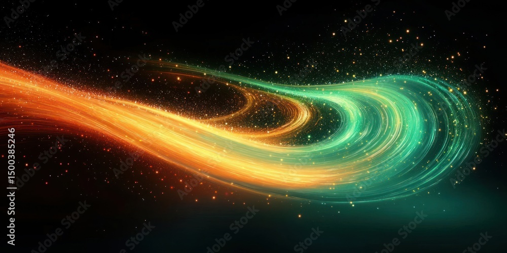 Poster dynamic swirling streams of glowing orange and teal light particles against a dark background creati