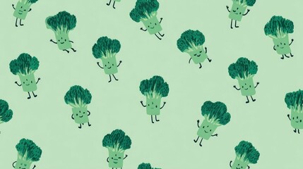 Playful cartoon broccoli characters on light green background