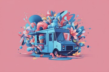Colorful ice cream truck illustration surrounded by vibrant flowers and playful shapes, creating a whimsical atmosphere for summer fun and enjoyment in a cheerful setting