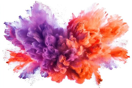 Exploding vibrant colors, purple and orange powder explosion on white background