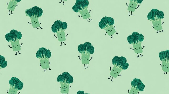 Fototapeta Playful cartoon broccoli characters on light green background