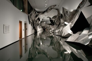 Stunning contemporary art installation reflecting dynamic shapes and textures within a modern museum space